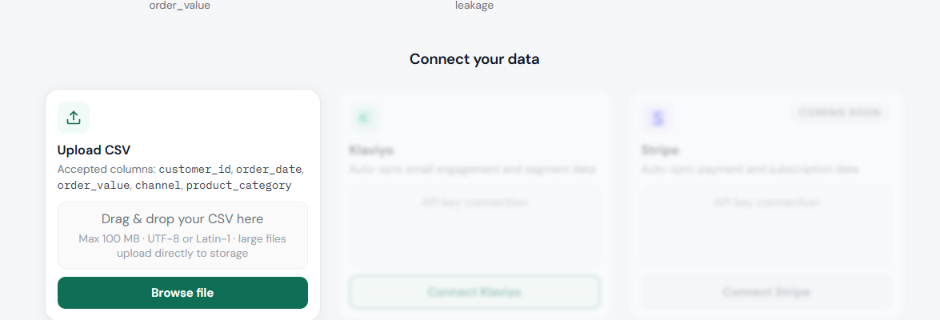 Qlevo CSV upload screen — connect your transaction data